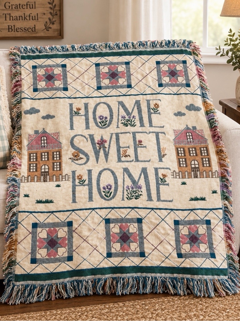 Vintage Home Sweet Home Woven Throw Blanket